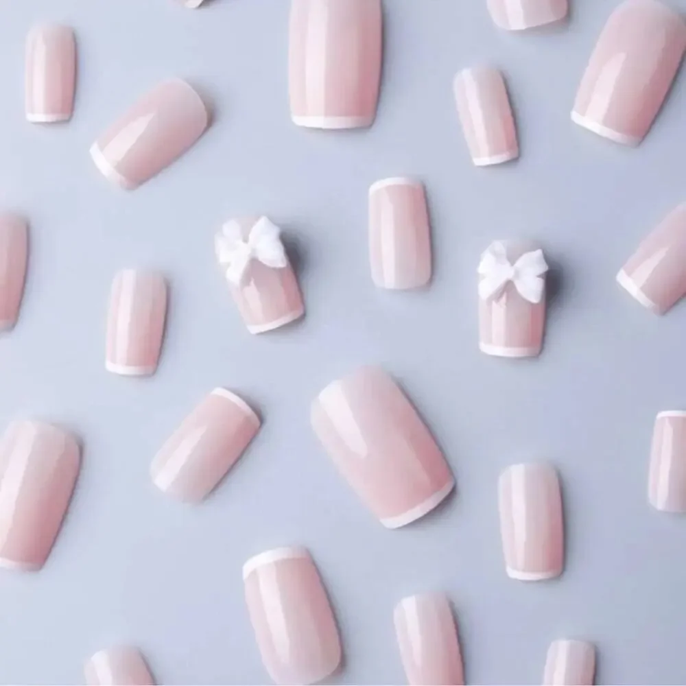 Parisian Girl Pink White Tip French Manicure Bow 24 Set Square Press On Nails